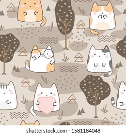 Seamless Pattern Kawaii Cute Cats, Cartoon Animals Background, Vector Illustration