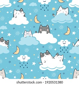 Seamless Pattern Kawaii Cute Cats Sleeping, Cartoon Animals Background, Vector Illustration. Good Night Collection