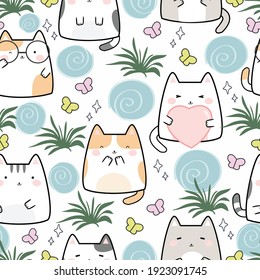 Seamless Pattern Kawaii Cute Cats, Cartoon Animals Background, Vector Illustration