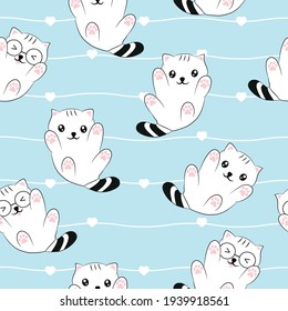 Seamless Pattern Kawaii Cute Cats, Cartoon Animals Background, Vector Illustration