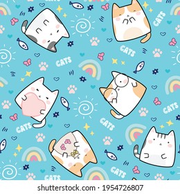 Seamless Pattern Kawaii Cute Cats, Cartoon Animals Background, Vector Illustration