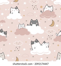 Seamless Pattern Kawaii Cute Cats Sleeping, Cartoon Animals Background, Vector Illustration. Good Night Collection