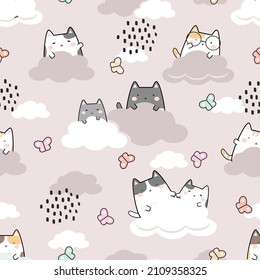 Seamless Pattern Kawaii Cute Cats In the Sky, Cartoon Animals Background, Vector Illustration