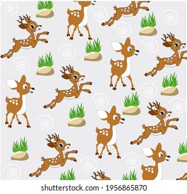 Seamless Pattern Kawaii Cute deer and mouse deer, Cartoon Animals Background, Vector Illustration. Good Night Collection