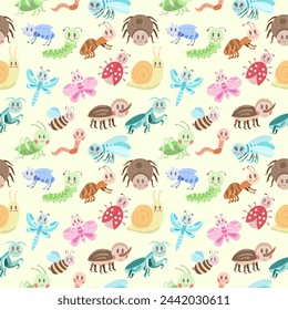 Seamless pattern with kawaii cute different insects on a light background. Vector illustration