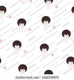 Seamless pattern of  kawaii cute girl and her bag on white background for paper work, fabric business, wallpaper or background. Vector design.
