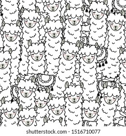 Seamless Pattern Kawaii Cute Llama, Cartoon Animals Background, Vector Illustration

