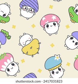 Seamless pattern of kawaii cute mushrooms on a yellow background. Vector children's illustration for textile, background