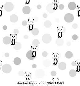 Seamless pattern of kawaii and cute pandas on dot gray background for background, card, paper print, and fabric business. Vector design.