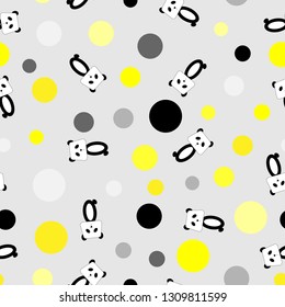 Seamless pattern of kawaii and cute pandas on dot yellow and gray background for background, card, paper print, and fabric business. Vector design.