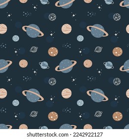 Seamless Pattern Kawaii Cute Planet in Space. Galaxy print for, wallpaper, wrapping, printing, fabric, nursery, textile and more
