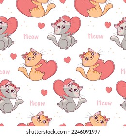 Seamless pattern with kawaii cute valentine cats with hearts and flowers for valentine's day