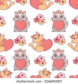 Seamless pattern with kawaii cute valentine cats with hearts and flowers for valentine's day
