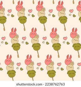 Seamless pattern with kawaii dango characters vector illustration. Hanami dango traditional Japanese dessert. Animal shaped rice dumplings with bunny ears and hearts