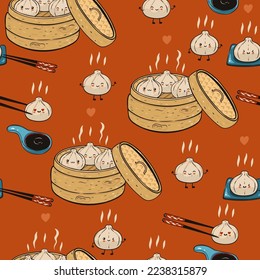 Seamless pattern with kawaii dim sum. Vector graphics.