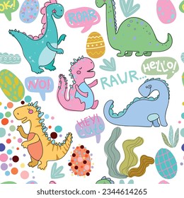 Seamless pattern with kawaii dino in pastel colors, plants, eggs, speach bubbles.