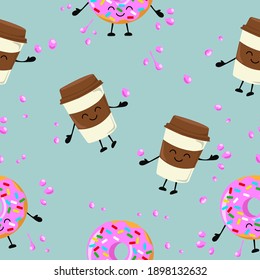 Patrón sin foco con donuts de kawaii y café. Dulces salpicaduras de cristal.