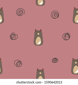 Seamless pattern of kawaii doodle brown bear on dark pink background for wallpaper, background, fabric textile, paper rpint business, kids clothes, bed sheet. Vector design.