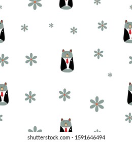 Seamless pattern of kawaii doodle brown bear wear suit on white background for wallpaper, background, fabric textile, paper print business, kids clothes, bed sheet. Vector design.
