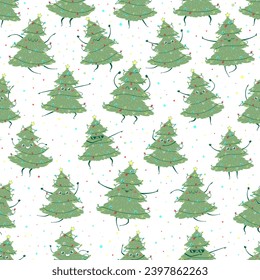 Seamless pattern with kawaii doodle Christmas tree dancing. Children's handmade naive style. Simple New Year character happy spruce for festive packaging and textiles