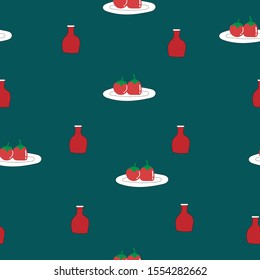 Seamless pattern of kawaii doodle of red tomato  in white plate and ketchup bottle on green background for wallpaper, paper business, fabric work, paper print, food issue. Vector design.
