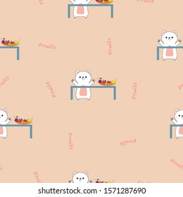 Seamless pattern of kawaii doodle white dog with tray of fruit for wallpaper, paper business, fabric work, paper print. Vector design.
