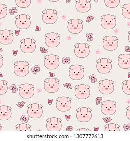 Seamless pattern of kawaii face pink pig and pink flower on gray background for background, card, paper print, and fabric business. Vector design.