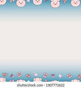 Seamless pattern of kawaii face pink pig and pink flower on blue background for background, card, paper print, and fabric business. Vector design.