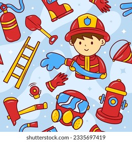 Seamless Pattern Kawaii Fireman Doodle Hand Drawn