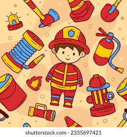 Seamless Pattern Kawaii Fireman Doodle Hand Drawn