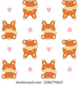 Seamless pattern of kawaii fox with hearts. Cute wild forest animal. Adorable character cartoon vector illustration for textile, fabric, packing, gift print, baby clothing