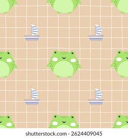 Seamless pattern with kawaii frogs and boat in soft pastel colors. Cute hand-drawn vector design perfect for children fabric, wallpapers, and nursery decor