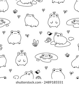 Seamless pattern with kawaii frogs. Hand drawn vector illustration. Line art. Summer background.