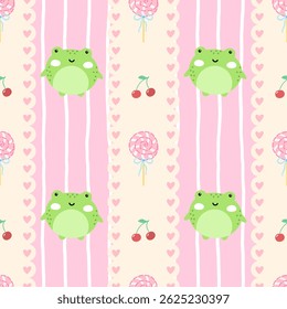 Seamless pattern with kawaii frogs in soft pastel colors. Cute hand-drawn vector design perfect for children fabric, wallpapers, and nursery decor