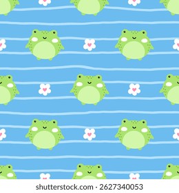 Seamless pattern with kawaii frogs in soft pastel colors. Cute hand-drawn vector design perfect for children fabric, wallpapers, and nursery decor
