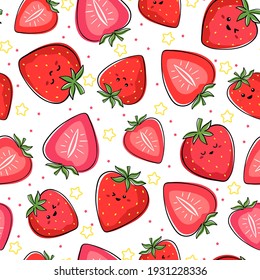 Seamless pattern with kawaii fruit drawing. Kids friendly pattern design with cute strawberries characters and slices of strawberry fruit.
