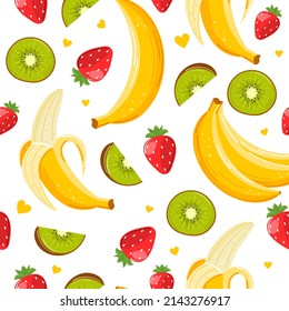 Seamless pattern with kawaii fruit drawing. Kids friendly pattern design with kiwi, banana and strawberry. The print is well suited for textiles, Wallpaper and packaging. Vector illustration.