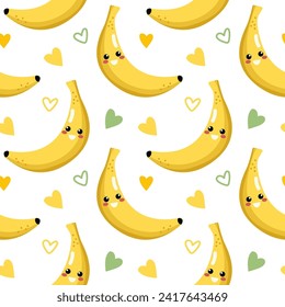 Nahtloses Muster mit kawaii-Fruchtzeichnung. Kinderfreundliches Muster-Design mit süßem Bananencharakter auf violettem Hintergrund