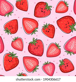 Seamless pattern with kawaii fruits. Cheerful design for kids clothes with cute strawberry characters and sliced strawberry on pink background