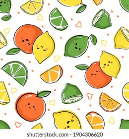Seamless pattern with kawaii fruits. Cheerful design for kids clothes with cute lemon, orange and lime characters on white background