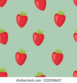 Seamless pattern with kawaii fruits. Cheerful design for kids clothes with cute strawberry characters and sliced strawberry on pink background