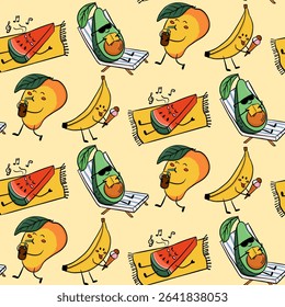 Seamless pattern of kawaii fruits enjoying summer activities like relaxing, reading and eating ice cream. Concept expresses tropical fun, relaxation and cheerful vacation vibes