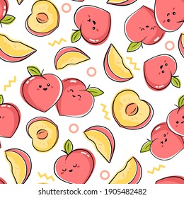 Seamless pattern with kawaii fruits. Hand-drawn vector illustration with  peaches. Cute pattern design for kids products.