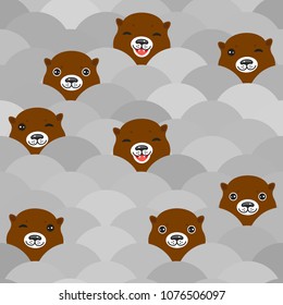 Seamless pattern Kawaii Funny brown otters on gray waves. Can be used for fabrics, wallpapers, websites. Vector