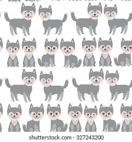 seamless pattern Kawaii funny gray husky dog, face with large eyes and pink cheeks, boy and girl isolated on white background. Vector