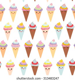 seamless pattern Kawaii funny Ice cream waffle cone, muzzle with pink cheeks and winking eyes, pastel colors on white background. Vector