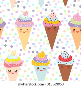 seamless pattern Kawaii funny Ice cream waffle cone, muzzle with pink cheeks and winking eyes, pastel colors on white background. Vector