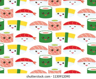 seamless pattern Kawaii funny sushi rolls set with pink cheeks and big eyes, emoji Baby japanese background on white. Vector