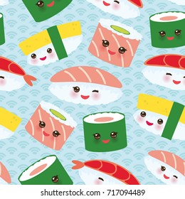 seamless pattern Kawaii funny sushi rolls set with pink cheeks and big eyes, emoji Baby blue background with japanese circle pattern. Vector