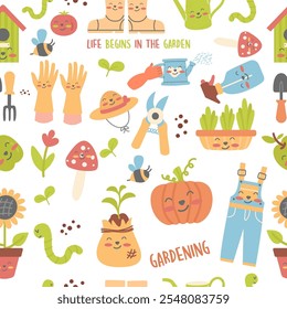 Seamless pattern kawaii gardening flat